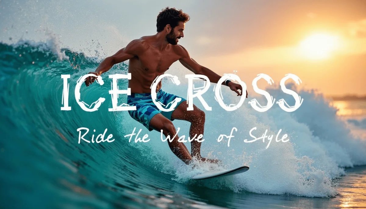 Surfer riding a wave at sunset wearing ICE CROSS swim shorts